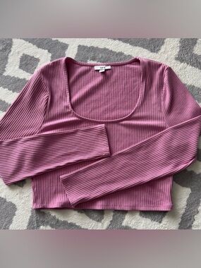Bar III Ribbed Scoop Neck Long Sleeve Crop Top - Mauve Pink